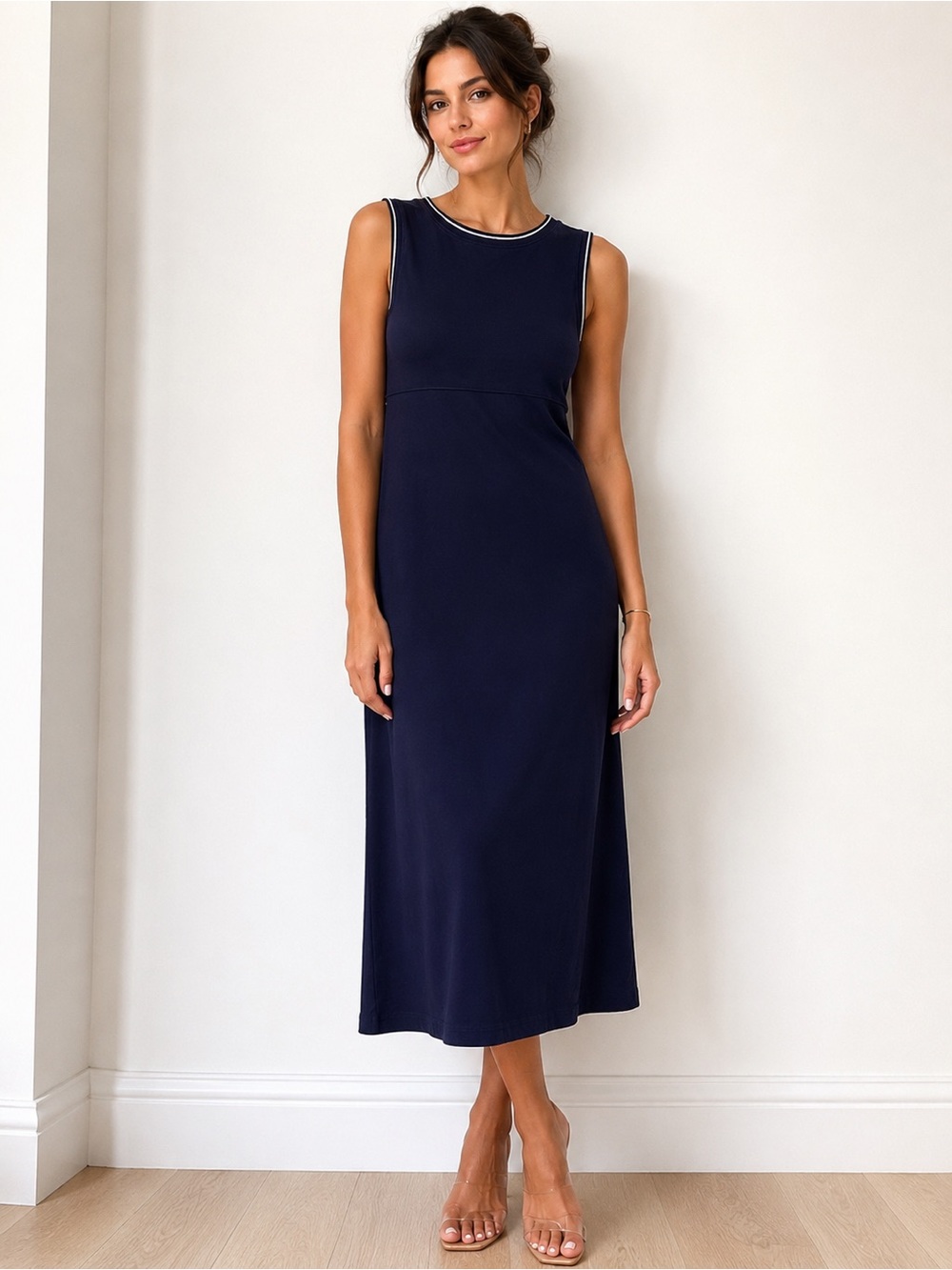 Ralph Lauren 100% Cotton‎ Navy Sleeveless Midi Dress with Contrast Trim SP